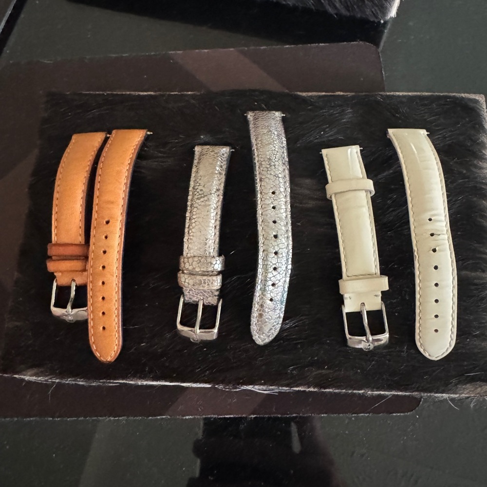 Set of Michele Leather Watch Straps in Brown, Silver, and White Patent.